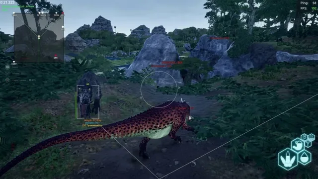 Isle Hacks overlay in a forest showing dinosaur ESP boxes, names, and distance